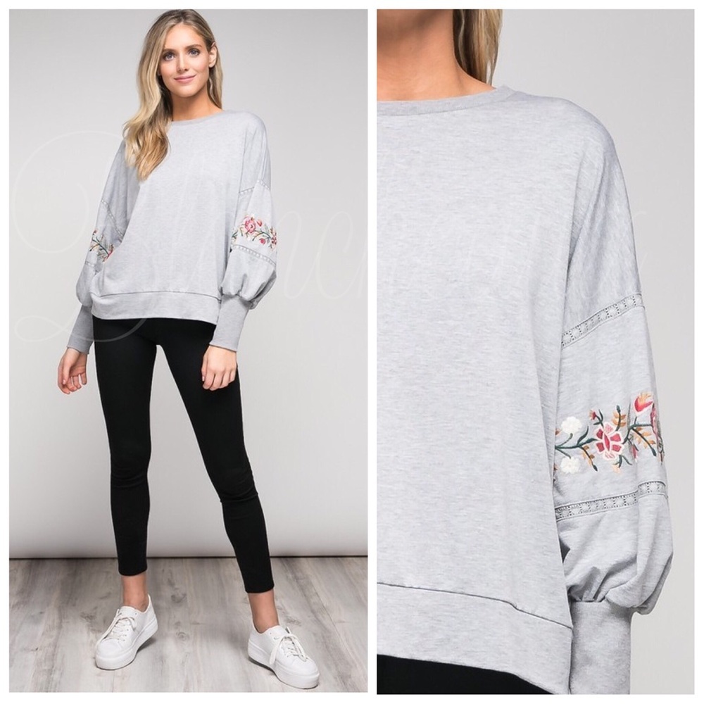 Heather grey floral embroidery sweater top - Picture 3 of 3